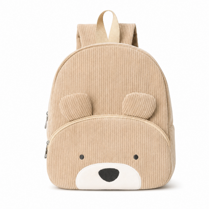 Sac à dos enfant ours beige en velours côtelé avec oreilles et poche avant brodée, vue de face