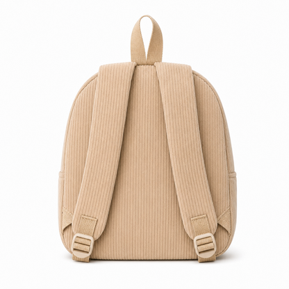 Vue arrière du sac à dos enfant ours beige en velours côtelé avec poignée et bretelles réglables