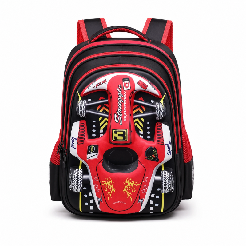 Sac à dos enfant Racing rouge et noir avec voiture de course, vue de face