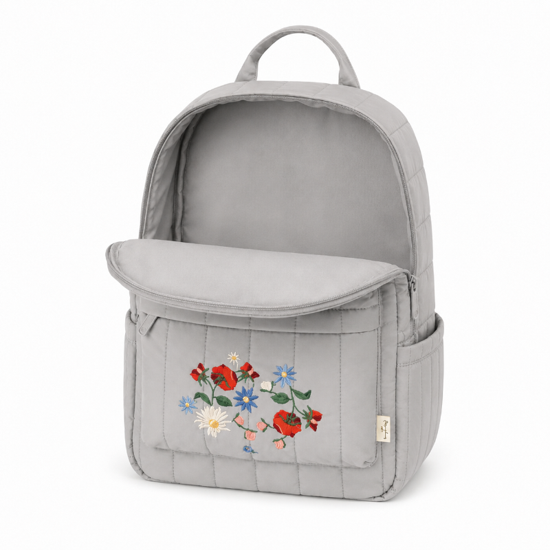 Sac à dos fleuri enfant gris perle avec grand compartiment principal ouvert et intérieur entièrement vide
