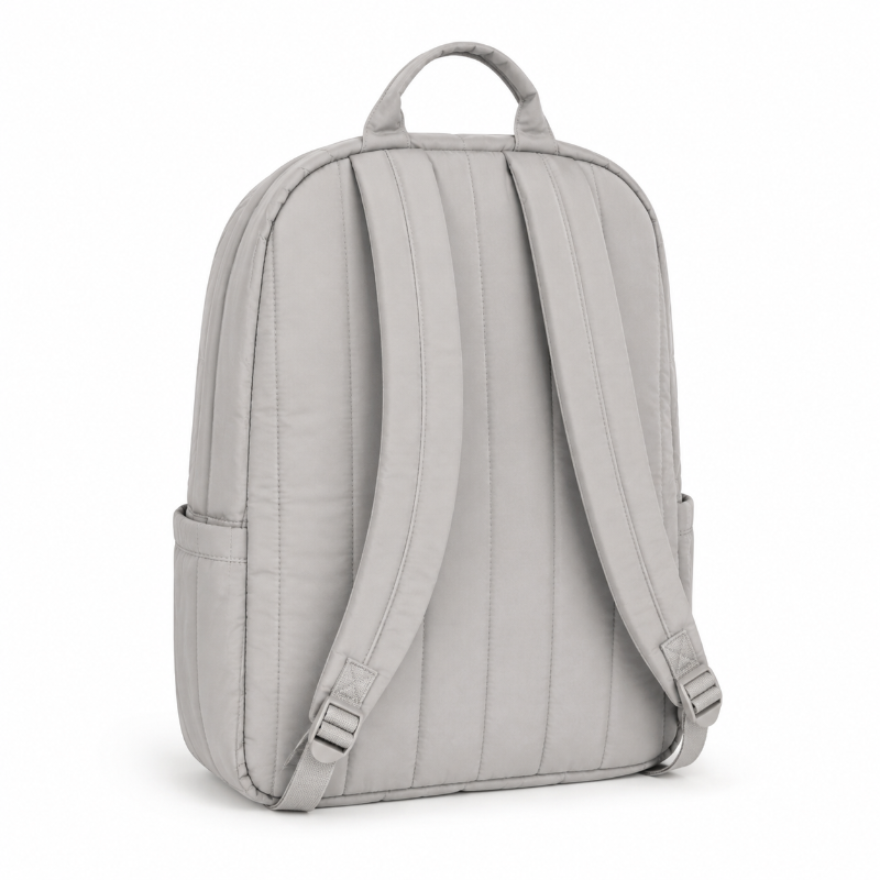 Vue arrière du sac à dos fleuri enfant gris perle avec panneau dorsal matelassé et bretelles rembourrées réglables
