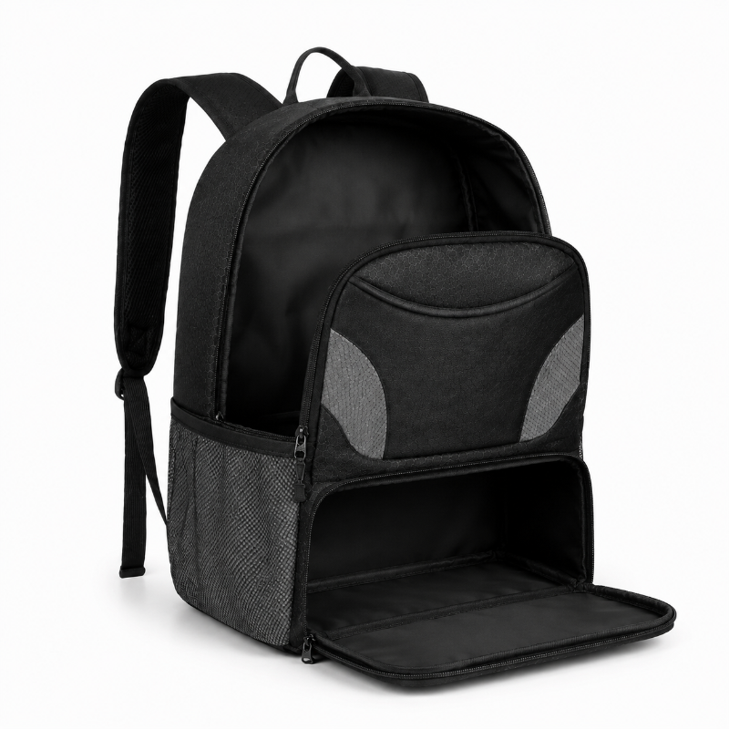 Sac à dos de foot enfant noir avec grand compartiment et rangement inférieur pour chaussures ouverts et vides