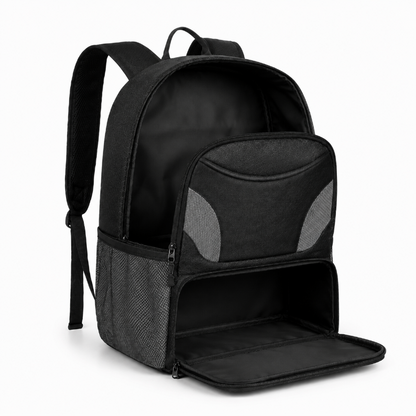 Sac à dos de foot enfant noir avec grand compartiment et rangement inférieur pour chaussures ouverts et vides