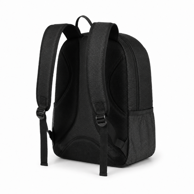 Vue arrière du sac à dos de football enfant noir avec panneau dorsal respirant et bretelles rembourrées réglables
