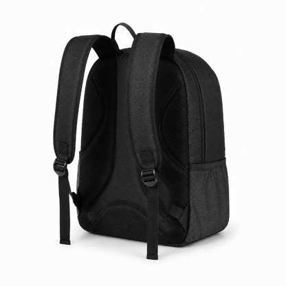 Vue arrière du sac à dos de football enfant noir avec panneau dorsal respirant et bretelles rembourrées réglables