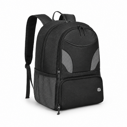 Sac à dos de foot enfant noir avec compartiment à chaussures, poches latérales en maille et empiècements gris