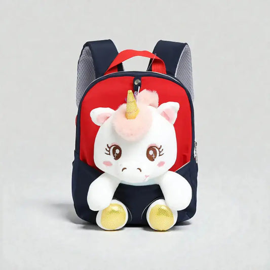 Sac à dos licorne bébé bleu et rouge vu de face