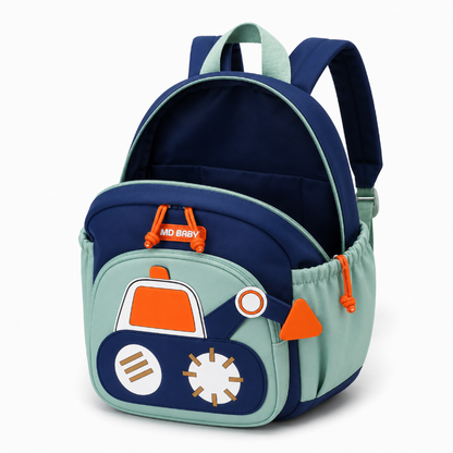 Compartiment principal ouvert du sac à dos maternelle bleu motif chantier