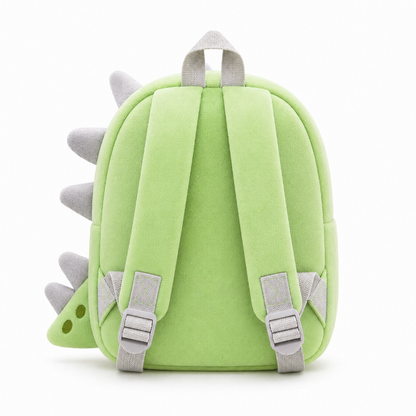 Vue arrière du sac à dos maternelle dinosaure vert avec panneau rembourré et bretelles réglables