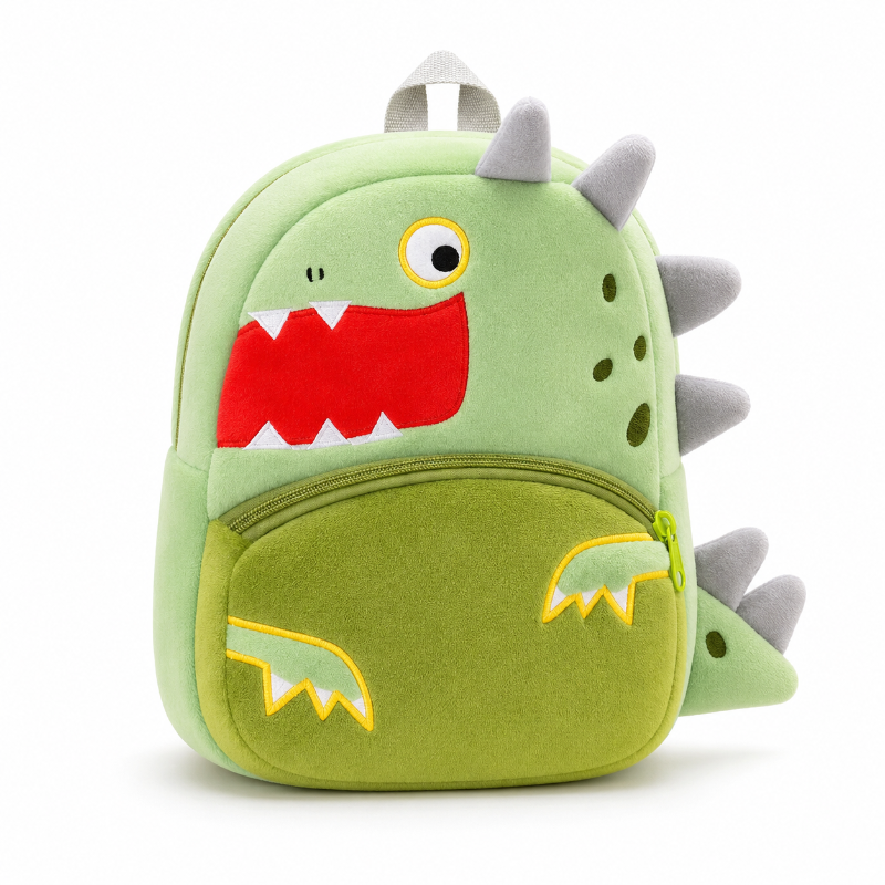 Sac à dos maternelle dinosaure vert en matière douce avec poche avant et pics gris, vue de face