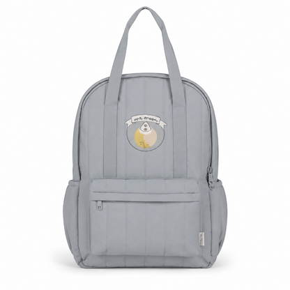 Sac à dos maternelle enfant gris bleu avec longues anses, poches latérales et motif lune jaune avec petite fusée, vue de face