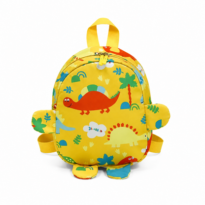 Petit sac à dos maternelle enfant jaune à motifs dinosaures colorés avec bras et pieds rembourrés, vue de face