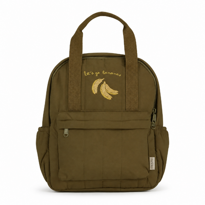 Sac à dos maternelle enfant kaki olive avec longues anses, poches latérales et motif de bananes jaunes brodées, vue de face