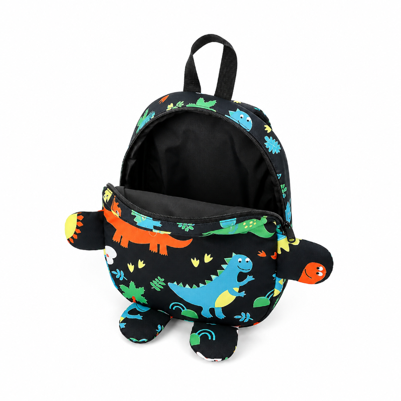 Petit sac à dos maternelle enfant noir à motifs dinosaures avec compartiment principal ouvert et doublure noire