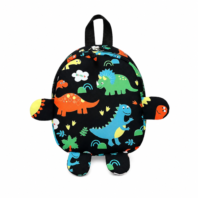 Petit sac à dos maternelle enfant noir à motifs dinosaures colorés avec bras et pieds rembourrés, vue de face