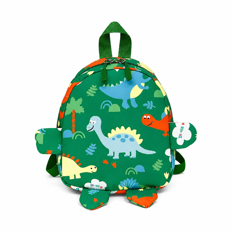 Petit sac à dos maternelle enfant vert à motifs dinosaures avec éléments rembourrés, vue de face