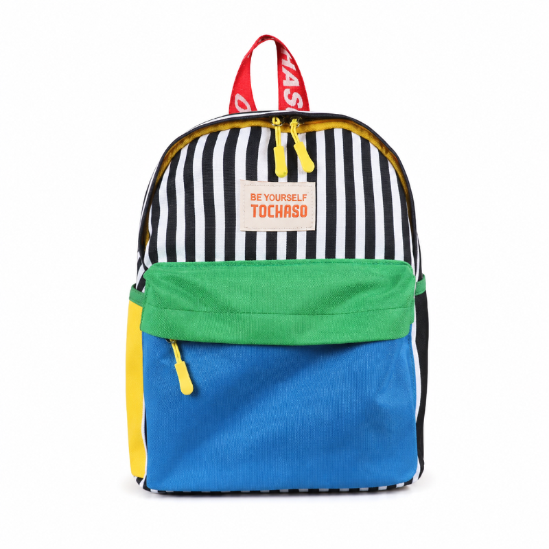 Sac à dos maternelle multicolore à rayures, vue de face
