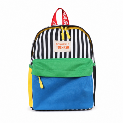 Sac à dos maternelle multicolore à rayures, vue de face