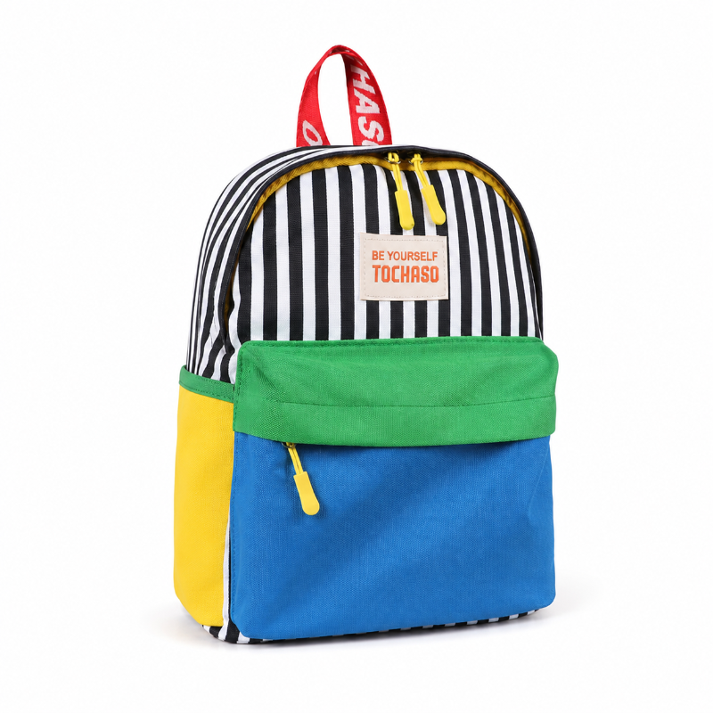 Sac à dos maternelle multicolore à rayures, vue de trois quarts