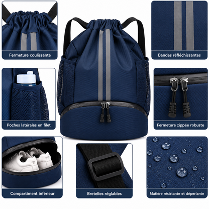 Sac à dos à cordon bleu marine sur fond blanc, avec deux poches latérales en filet, bandes grises verticales et compartiment inférieur zippé avec les détails 