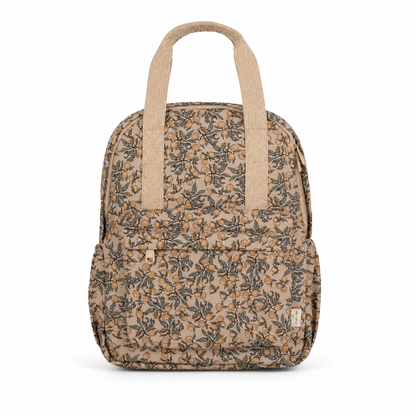 Sac à dos primaire enfant beige rosé avec longues anses, poches latérales et imprimé de petits citrons et feuillages, vue de face
