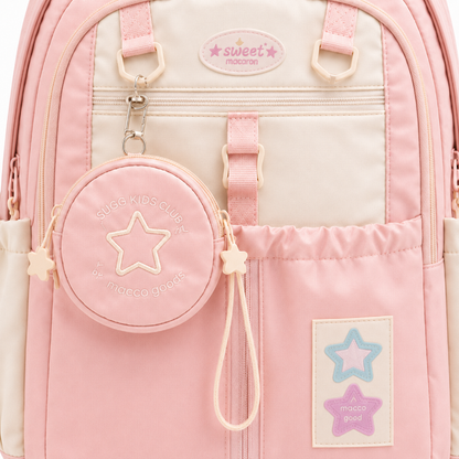Détail de la poche avant, des étoiles et du porte-monnaie du sac à dos primaire rose