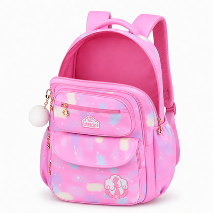 Compartiment principal ouvert et vide du sac à dos primaire fille rose effet arc-en-ciel