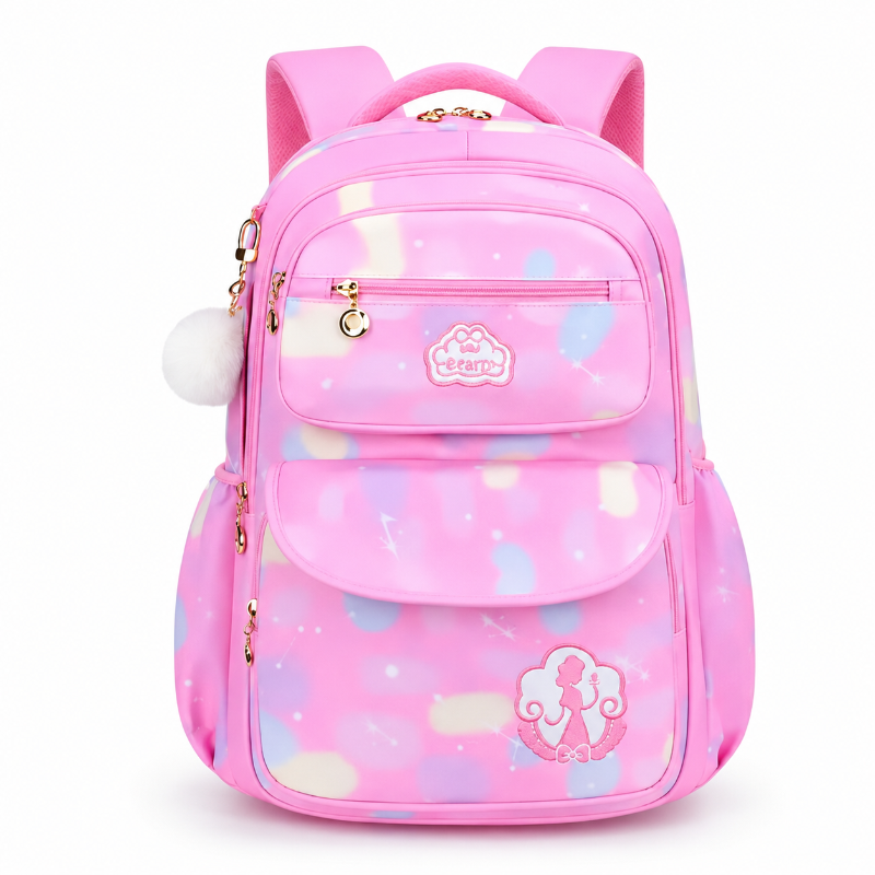 Sac à dos primaire fille rose effet arc-en-ciel avec poches, motifs pastel et pompon blanc, vue de face