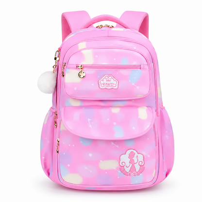 Sac à dos primaire fille rose effet arc-en-ciel avec poches, motifs pastel et pompon blanc, vue de face