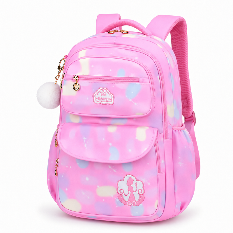 Sac à dos primaire fille rose effet arc-en-ciel avec plusieurs poches, vue de trois quarts
