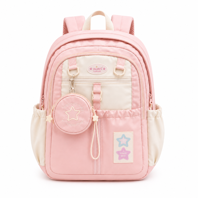Sac à dos primaire fille rose et crème Édition Macaron avec poches et étoiles, vue de face