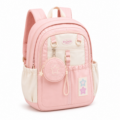 Sac à dos primaire fille rose et crème avec porte-monnaie rond, vue de trois quarts