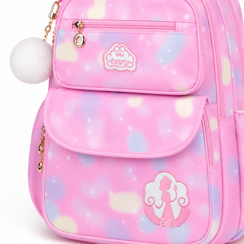 Détail des poches avant, des motifs pastel et du pompon blanc du sac à dos primaire fille rose