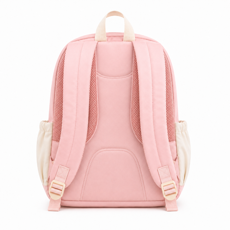 Vue arrière du sac à dos primaire fille rose avec bretelles rembourrées et réglables