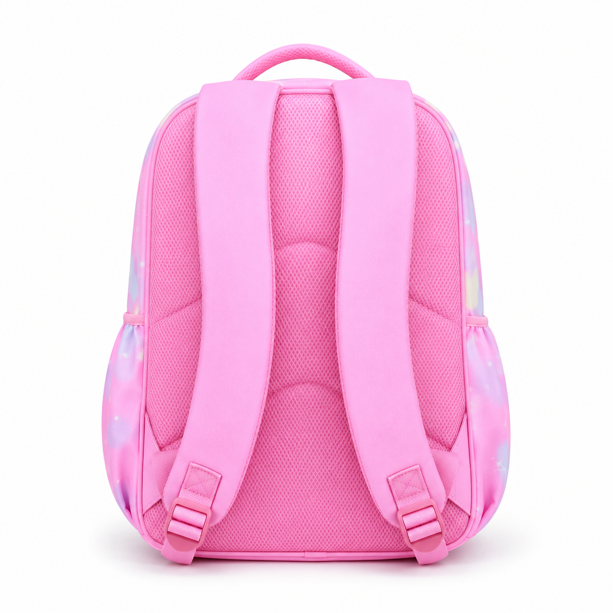 Vue arrière du sac à dos primaire fille rose avec panneau dorsal et bretelles réglables