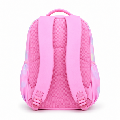 Vue arrière du sac à dos primaire fille rose avec panneau dorsal et bretelles réglables