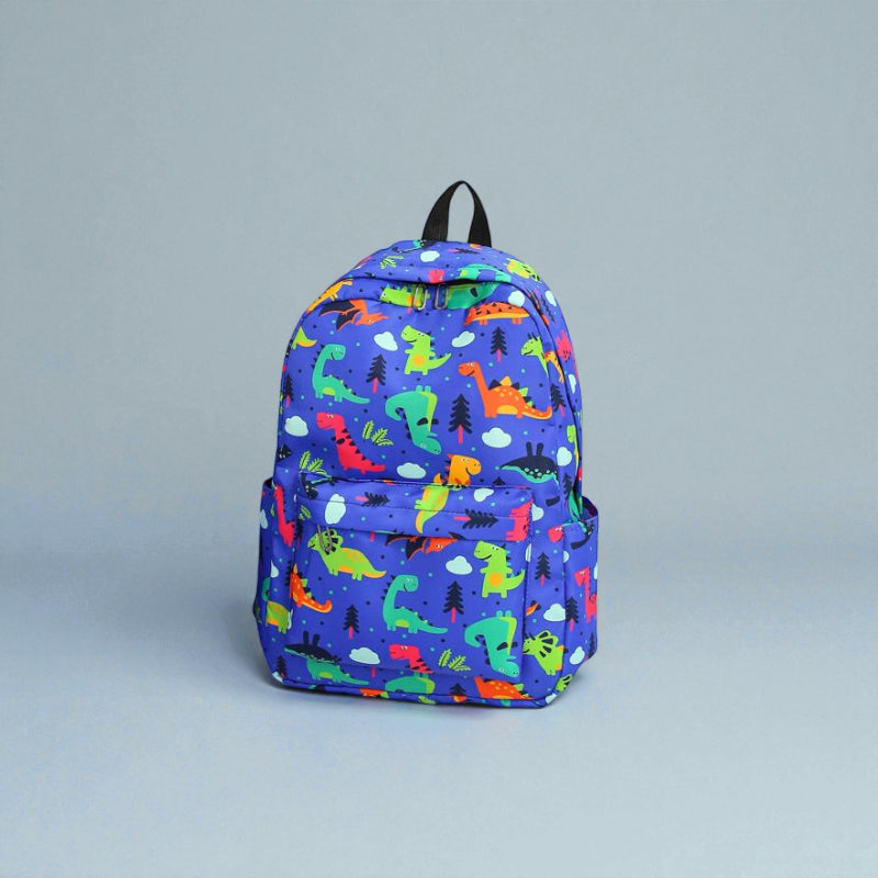 Sac cartable enfant motif dinosaures bleu sur fond uni
