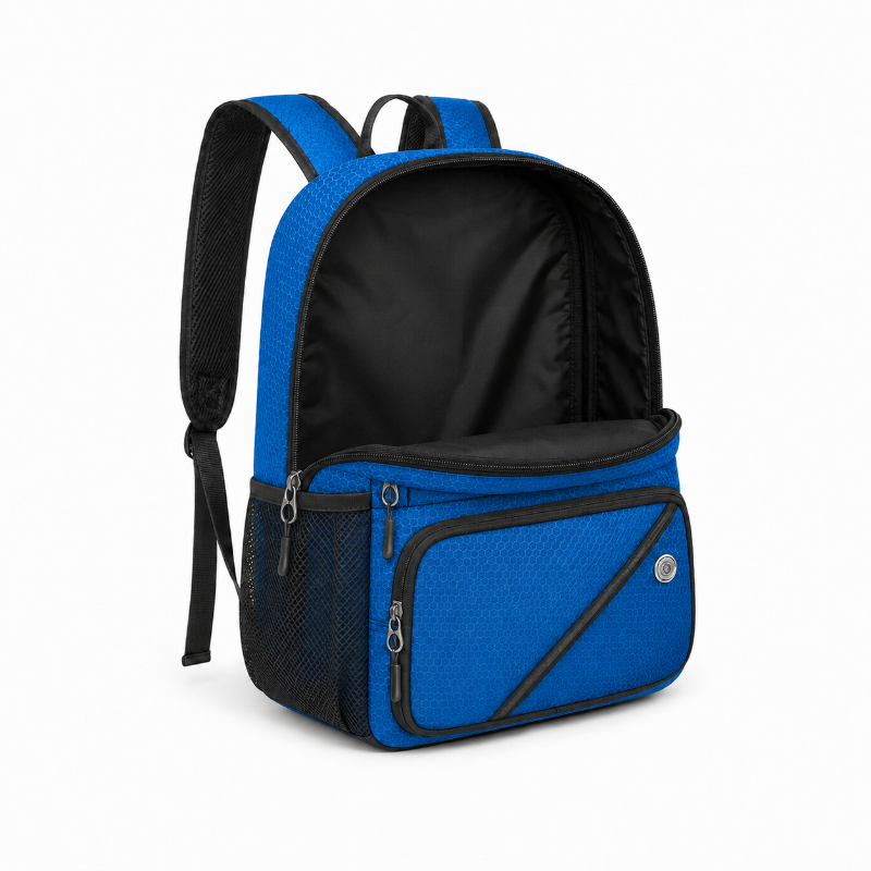 ompartiment principal ouvert du sac de foot enfant bleu