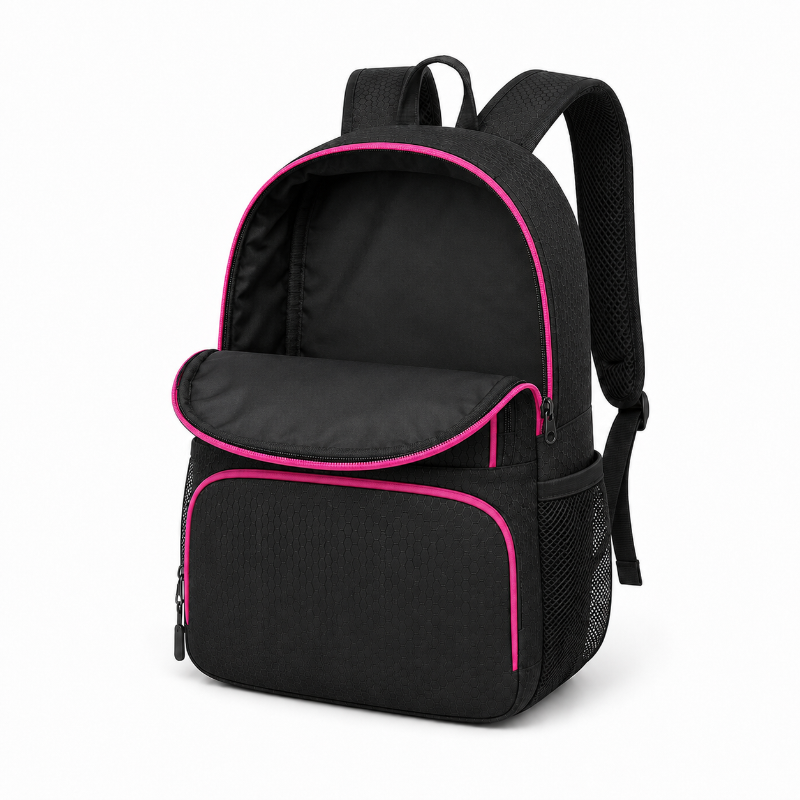 Compartiment principal ouvert du sac de foot enfant noir et rose