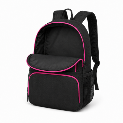 Compartiment principal ouvert du sac de foot enfant noir et rose