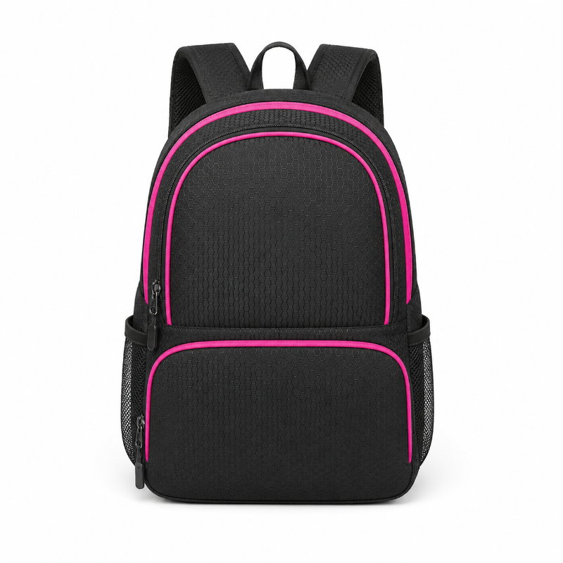 Sac de foot enfant noir et rose avec poches latérales, vue de face