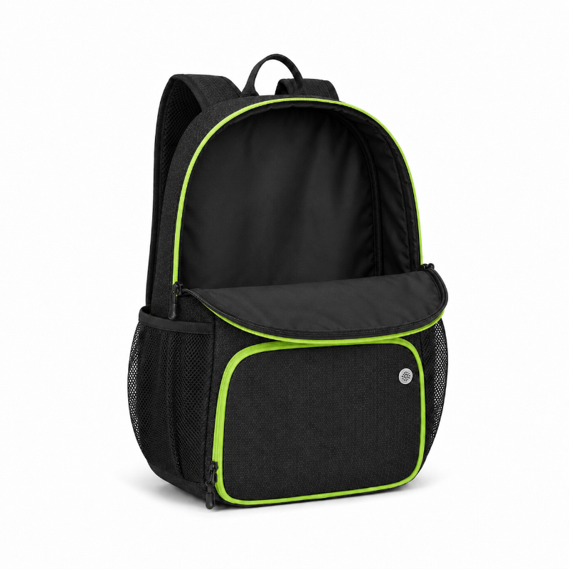 Compartiment principal ouvert du sac de foot enfant noir et vert
