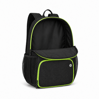 Compartiment principal ouvert du sac de foot enfant noir et vert