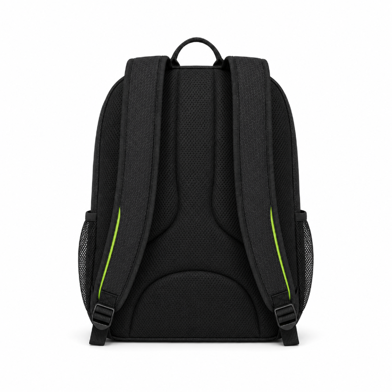 Vue arrière du sac de foot enfant noir et vert avec bretelles réglables