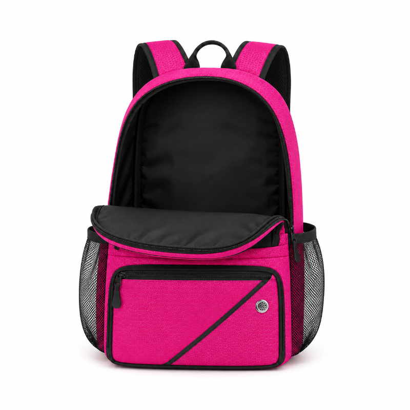 Compartiment principal ouvert du sac de foot enfant rose et noir