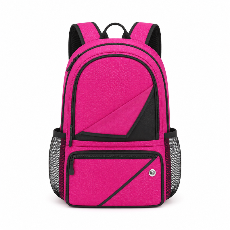 Sac de foot enfant rose et noir avec poches latérales, vue de face