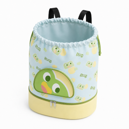 Compartiment principal ouvert et vide du sac de natation enfant grenouille vert et jaune