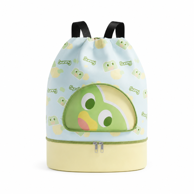 Sac de natation enfant vert avec poche grenouille et compartiment inférieur jaune, vue de face
