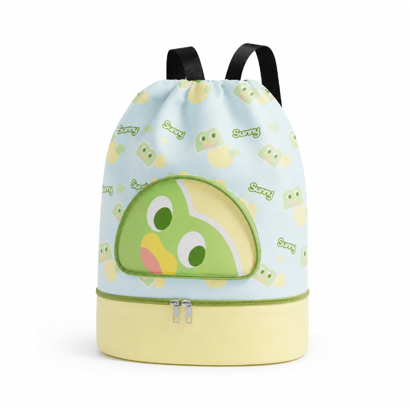 Sac de natation enfant grenouille vert et jaune avec plusieurs compartiments, vue de trois quarts