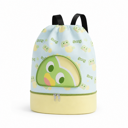Sac de natation enfant grenouille vert et jaune avec plusieurs compartiments, vue de trois quarts